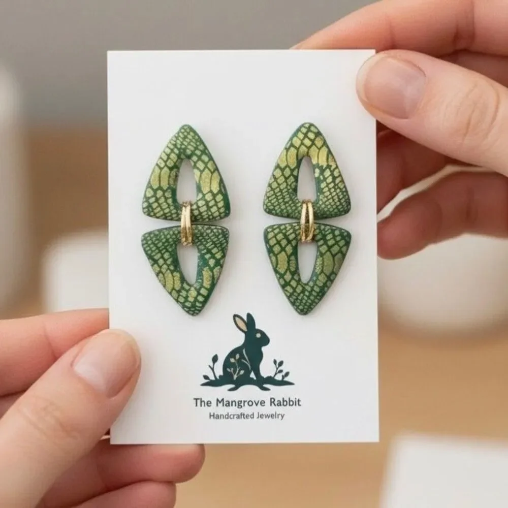 Polymer Clay Lg Dangle Earrings Green Gold Snake Animal Print Handmade SS Posts